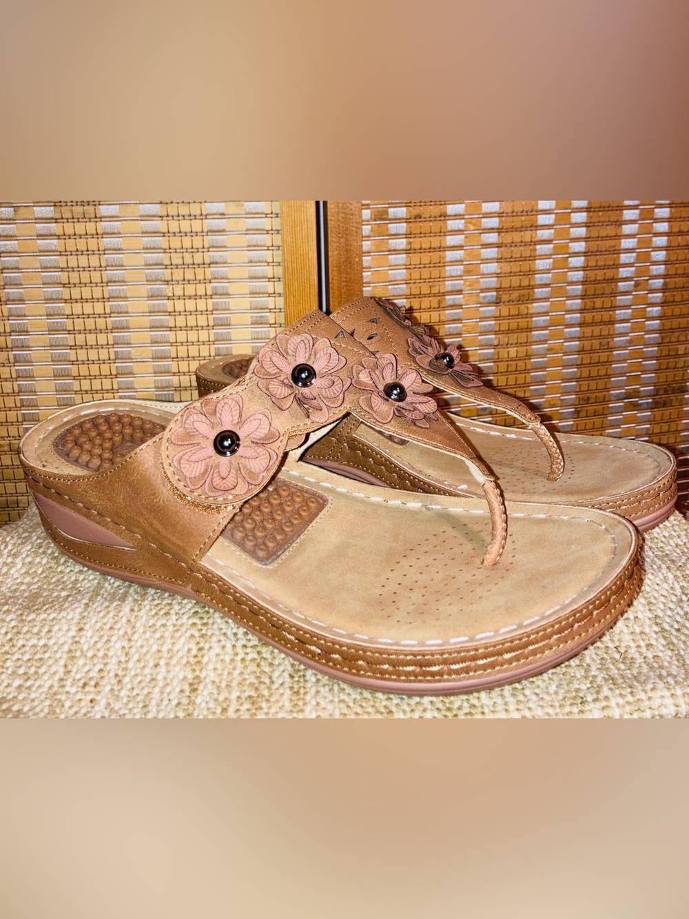 Women’s Tan Floral Embellished Wedge Thong Sandals - Size 40 (8.5 US)